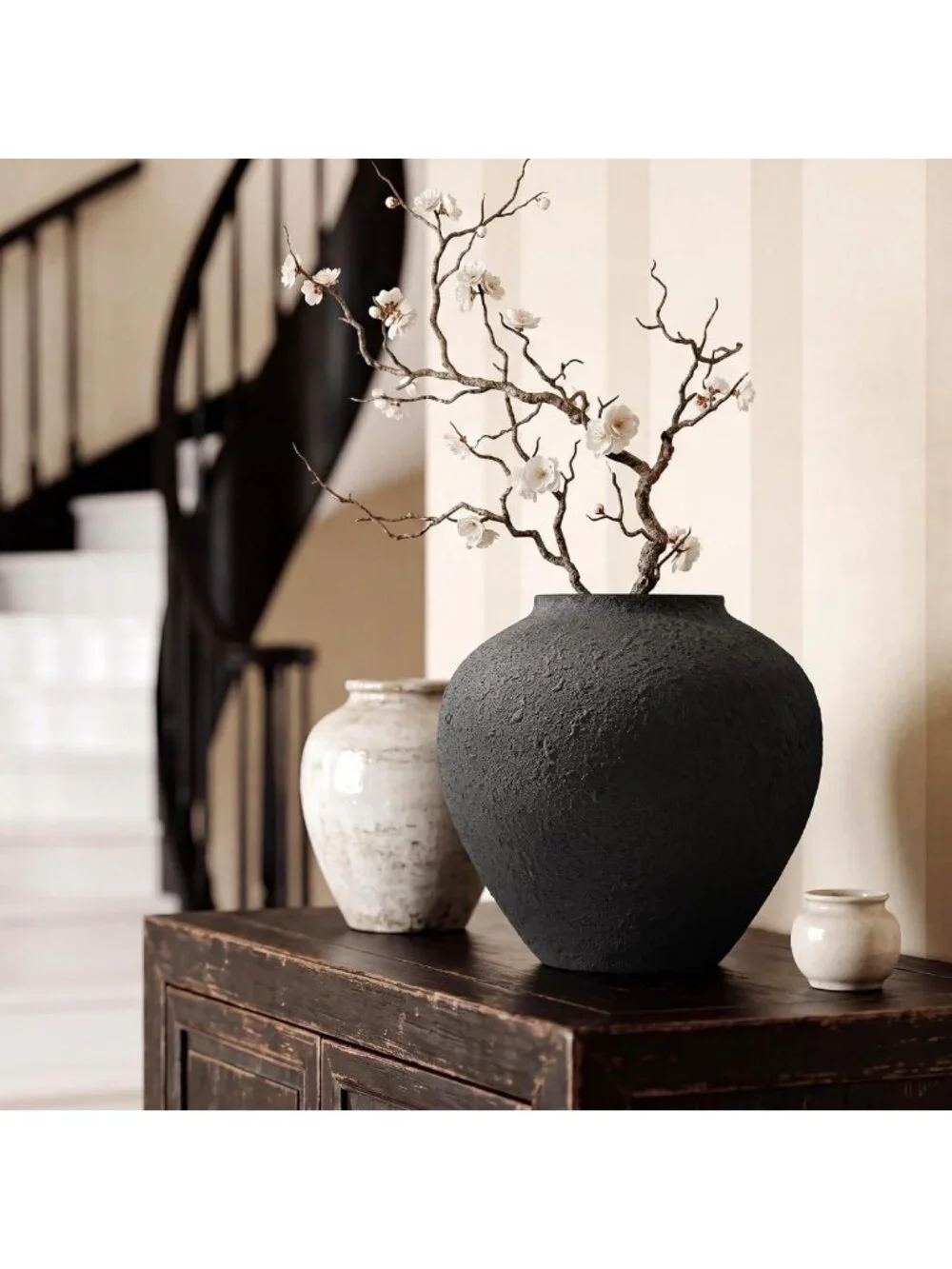 Large Rustic Black Round Vase - Pottery Style Metal Flower Holder for Home Decor